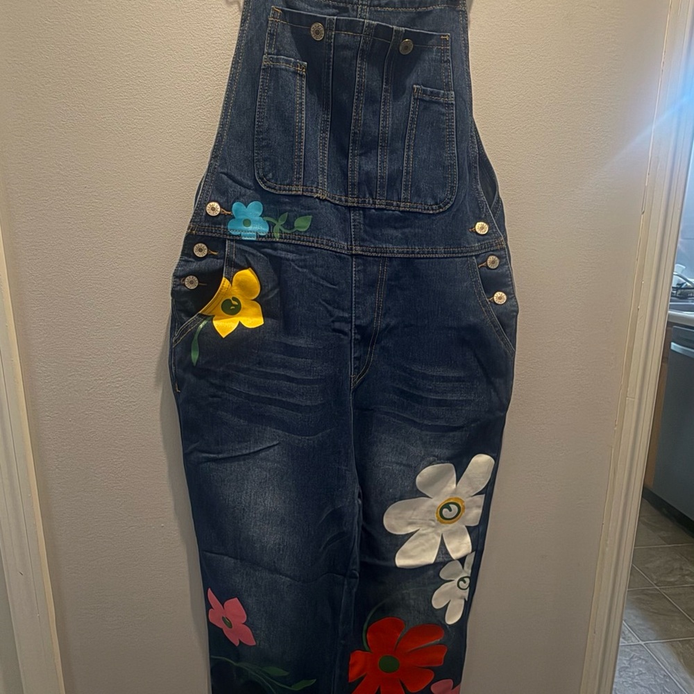 Floral Patched Denim Overalls